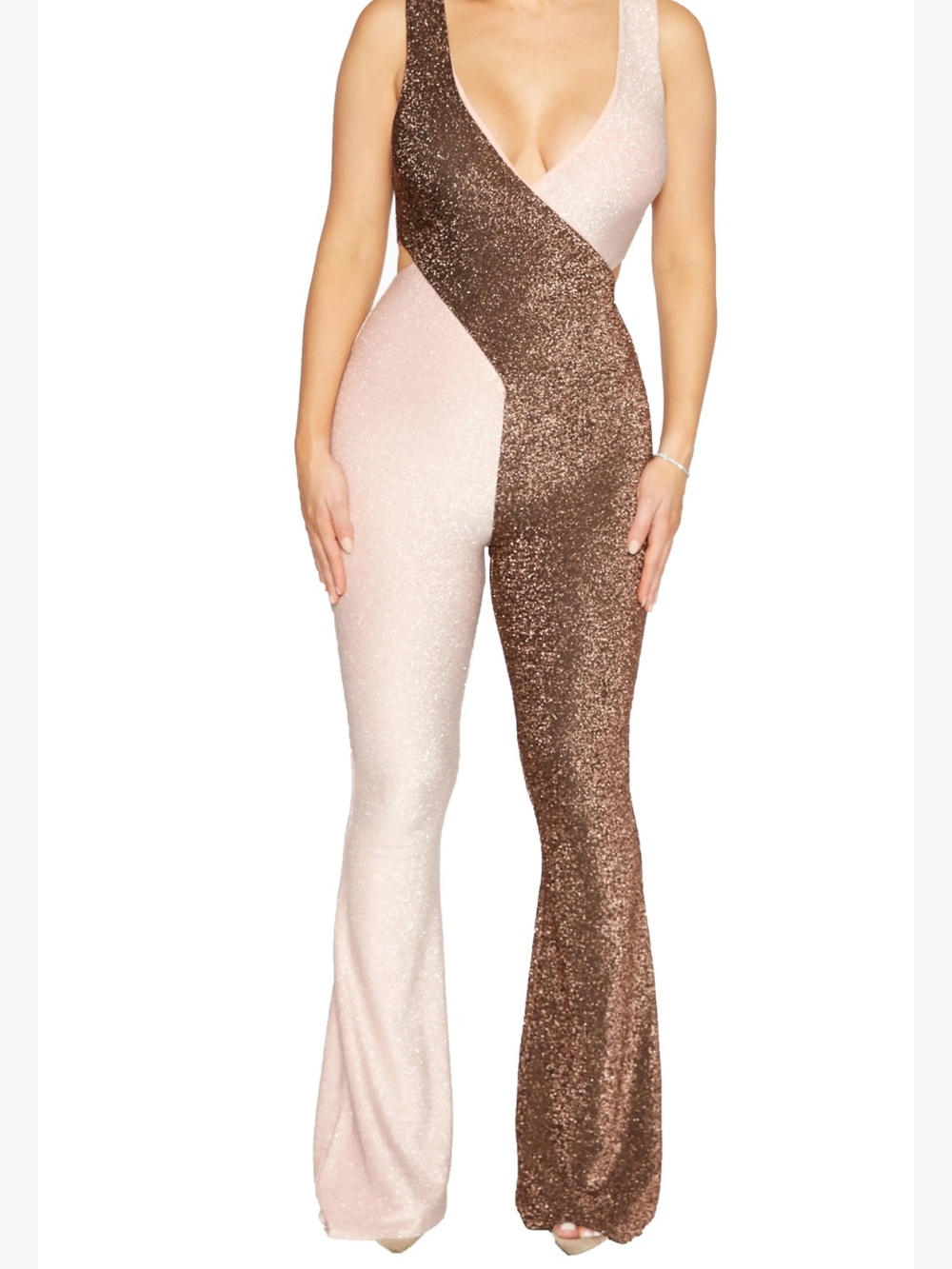 naked wardrobe Two-Tone Sequin Crossover Jumpsuit in Pink & Brown